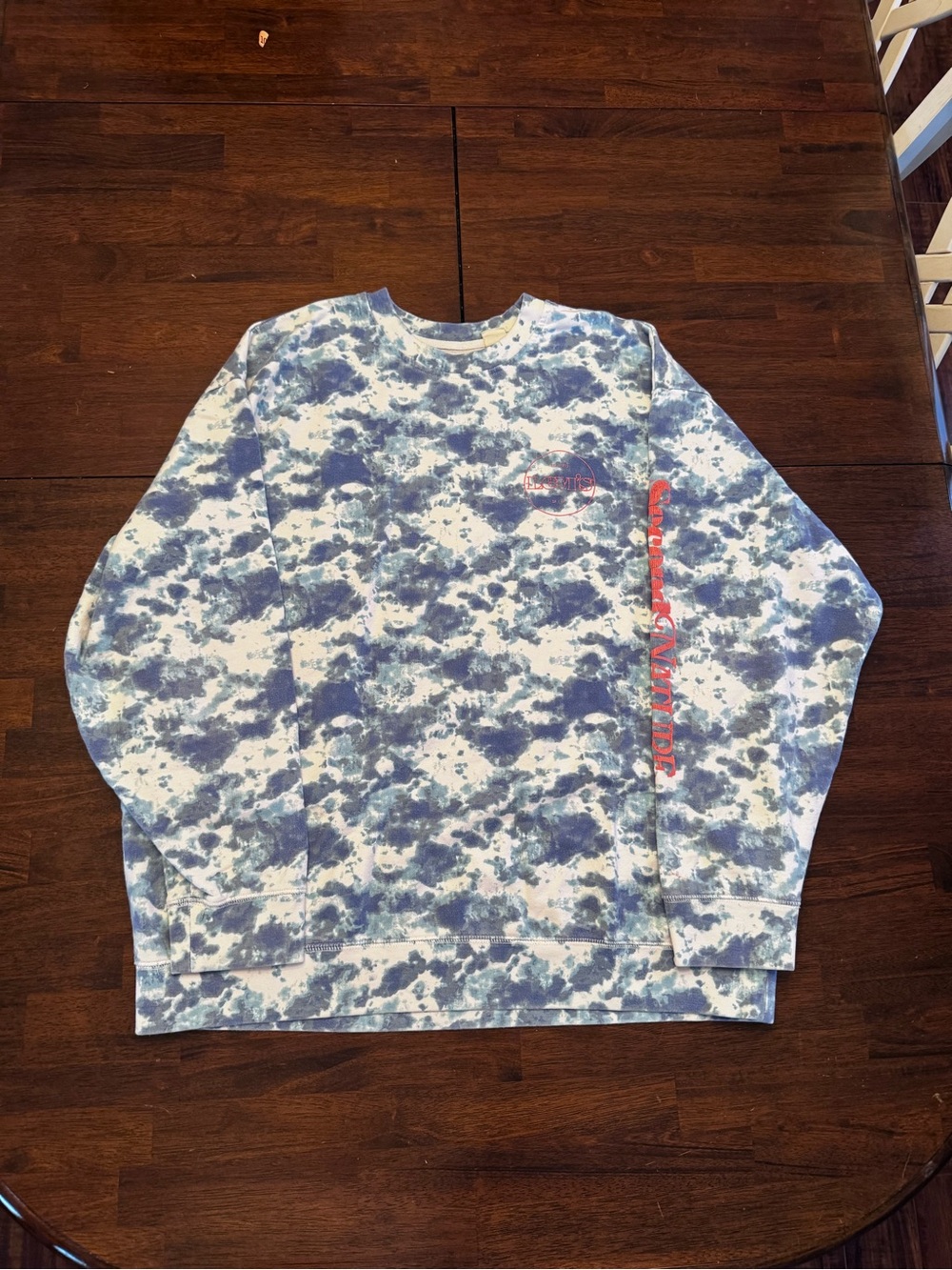 Levi's Blue White Tie-Dye Crewneck Sweatshirt with Red Sleeve Script